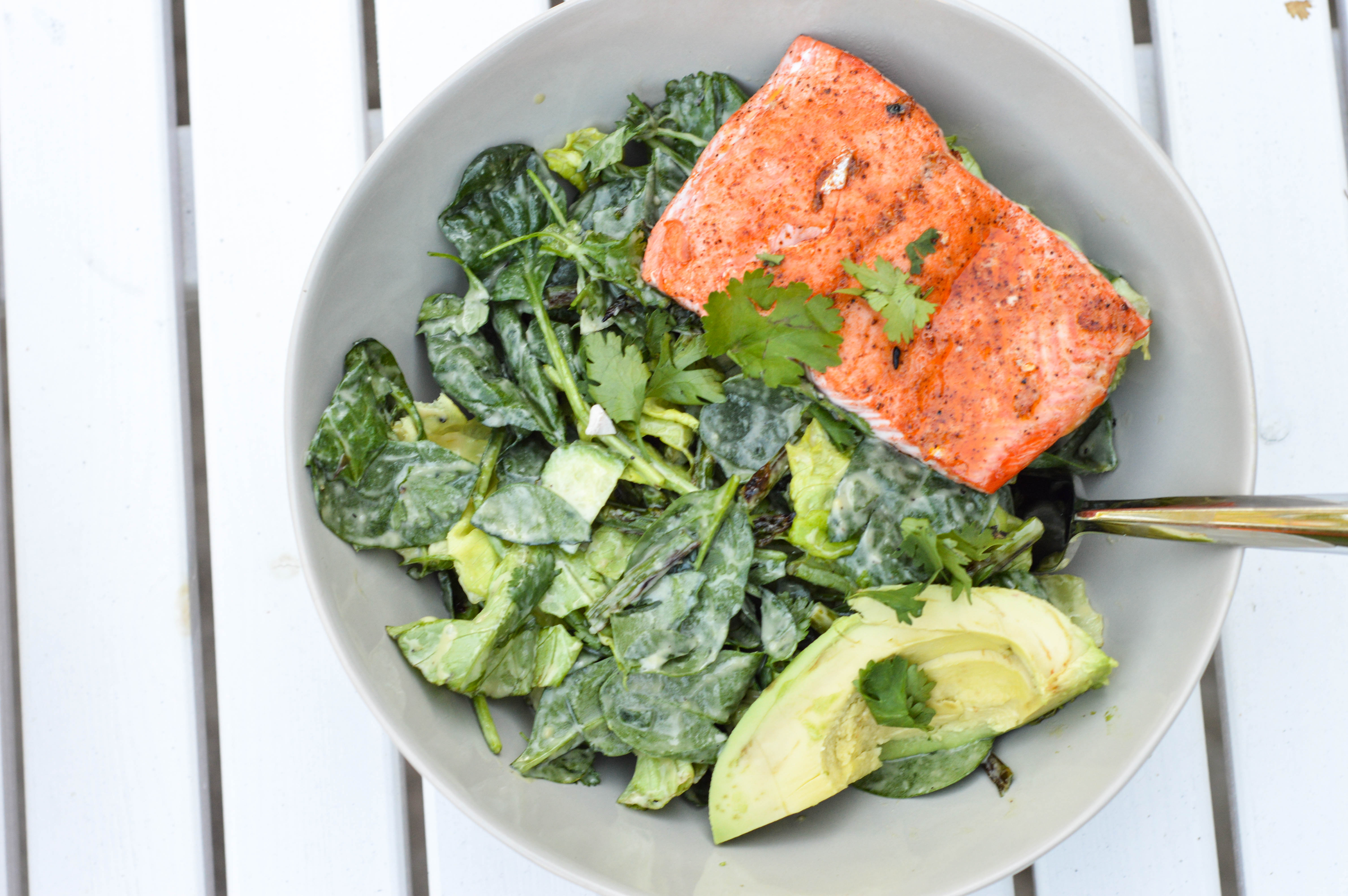 grilled miso salmon and avocado salad