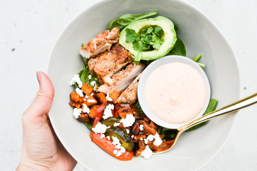 burrito bowl with cashew nacho cheese sauce