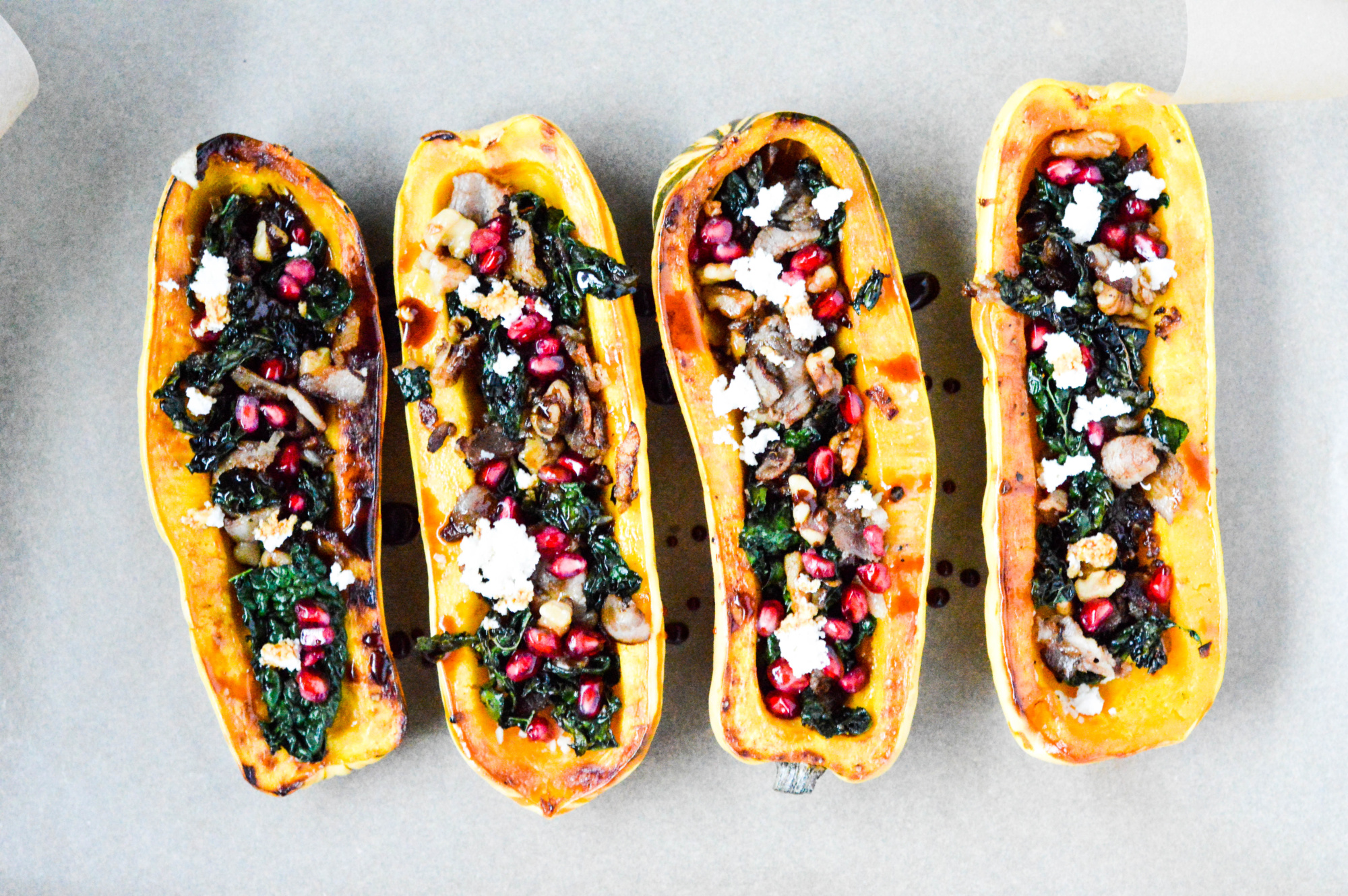 Maple Roasted Delicata Squash Boats Stuffed w/ Bacon + Kale