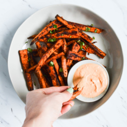 sweet potato fries with a dairy-free cheese dip
