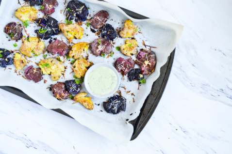 smashed potatoes with basil aioli
