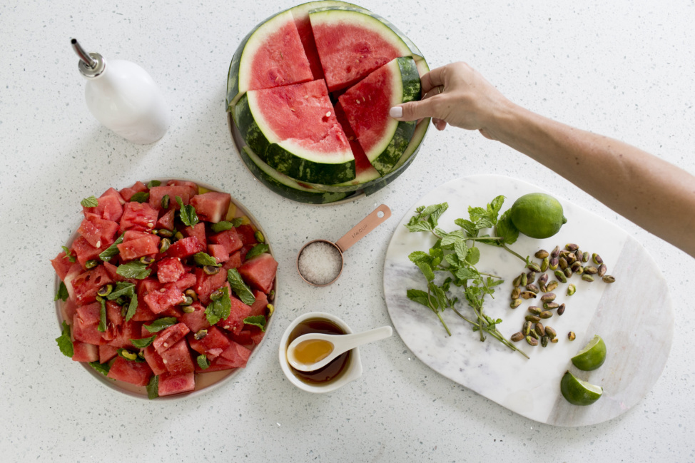 what to eat when it’s hot out — the easiest watermelon, pistachio + mint salad