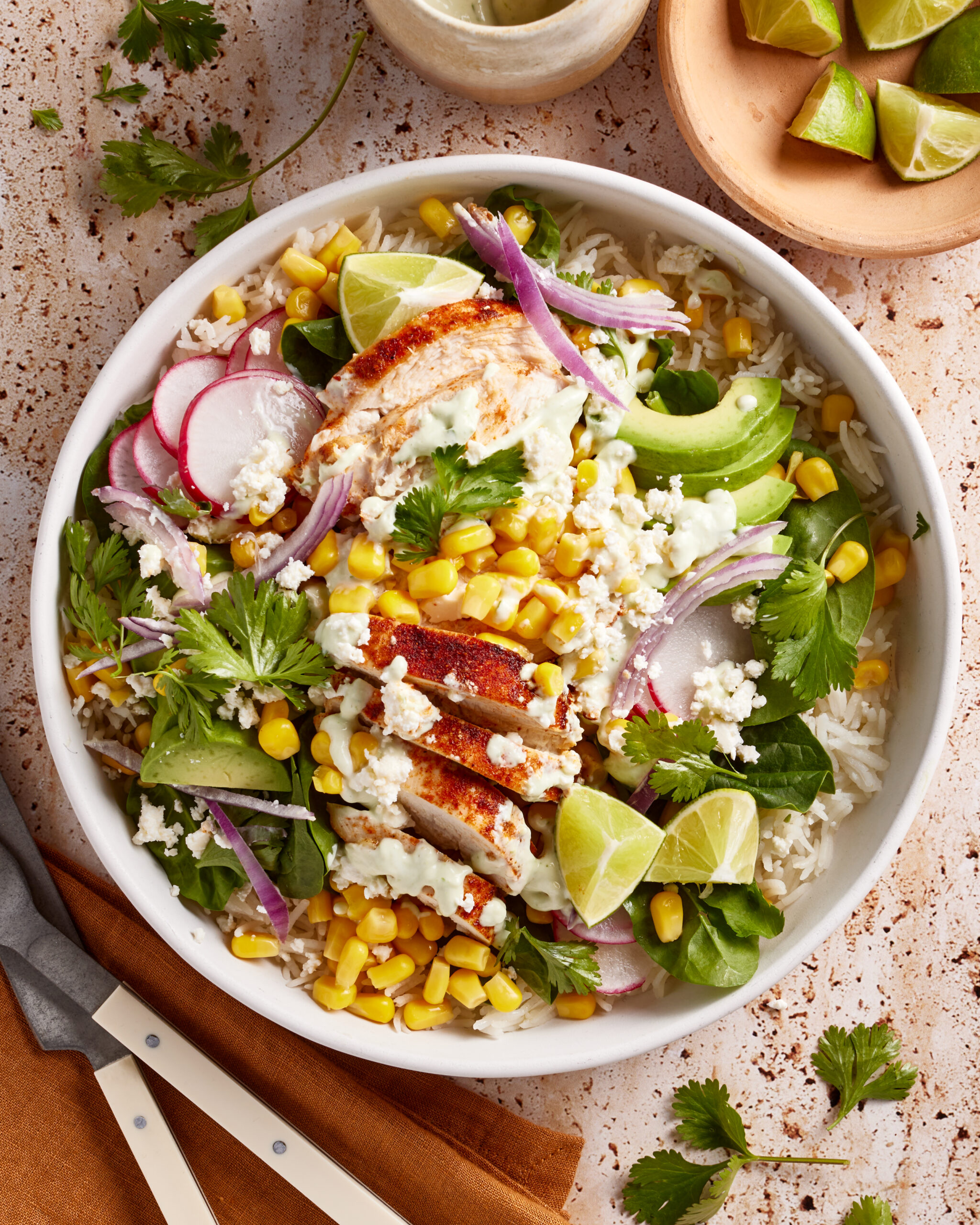 street corn chicken rice bowl