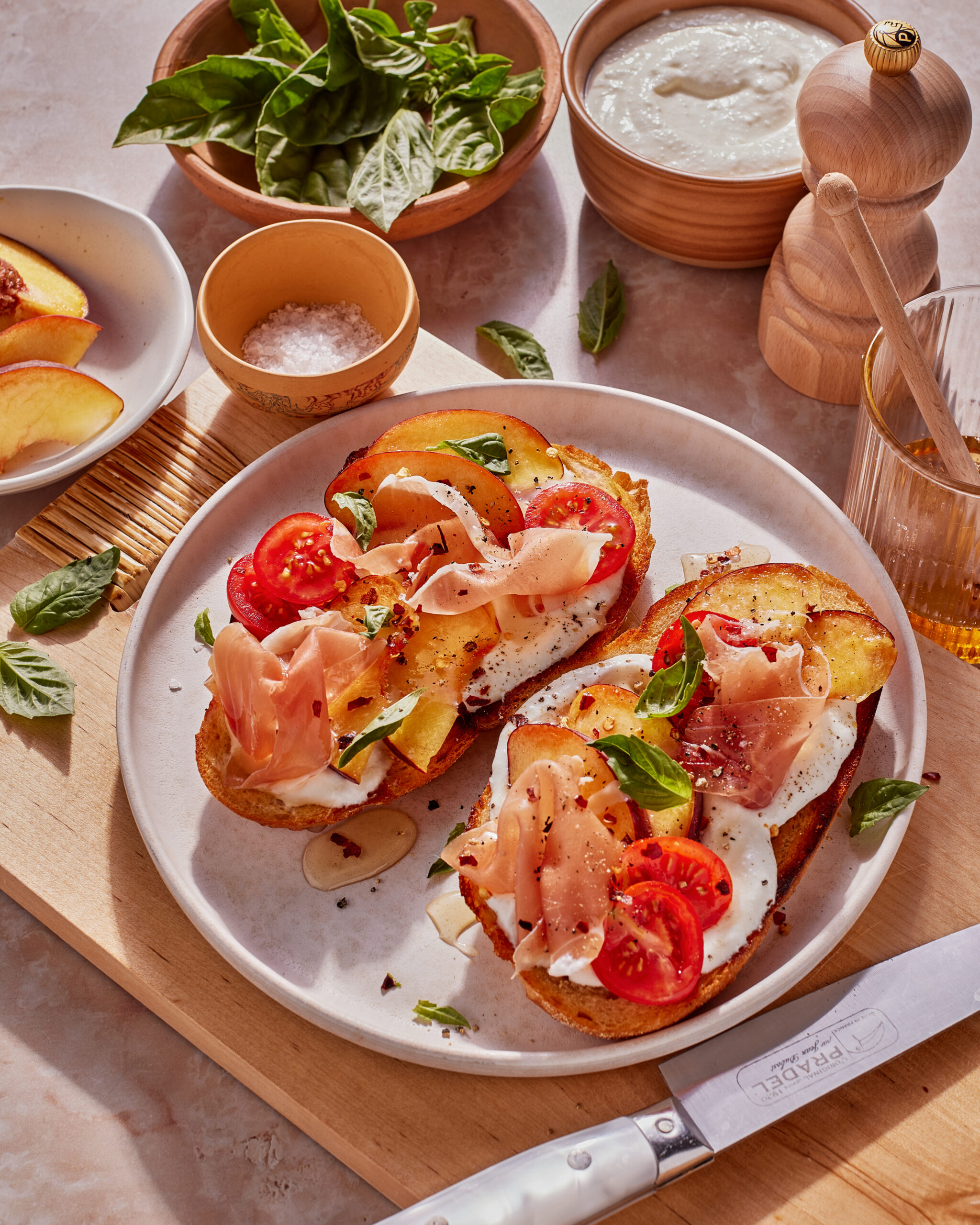 Hot Honey, Peach, Prosciutto and Whipped Cottage Cheese Toast
